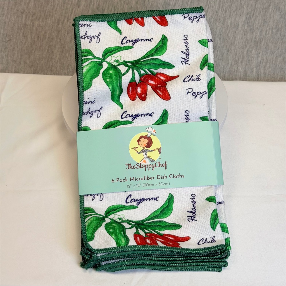 The Sloppy Chef 6-Pack Microfiber Dish Cloths Chili Pepper Print 12x12 New